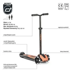 Scootandride Highwaykick 5 LED Hulajnoga trójkołowa balansowa ze świecącymi kółkami 5+ Peach