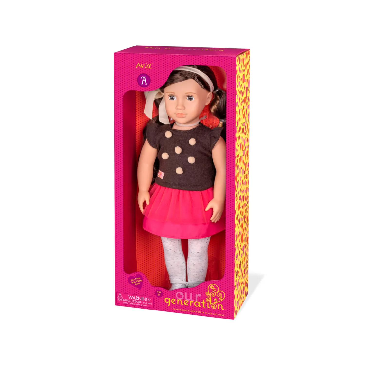 OurGeneration Lalka AVIA 46cm - Brunetka w bluzce z pomponikami