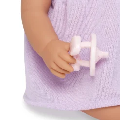 LullaBaby Lalka niemowlę ze smoczkiem, w sukience i opasce, wersja fioletowa