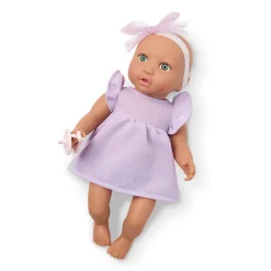 LullaBaby Lalka niemowlę ze smoczkiem, w sukience i opasce, wersja fioletowa