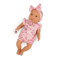 LullaBaby Lalka niemowlę ze smoczkiem, w ubranku w kwiatuszki i opasce, wersja różowa