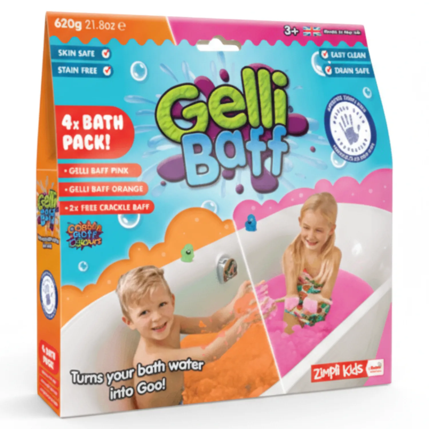 Zimpli Kids Magiczny proszek do kąpieli Gelli Baff - różowy i pomarańczowy, 4 użycia, 3+, 620g