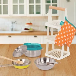 B.Toys Mini Chef - Pot-n-Pan Playset - zestaw realistycznych naczyń i przyborów kuchennych ze stojakiem