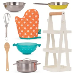 B.Toys Mini Chef - Pot-n-Pan Playset - zestaw realistycznych naczyń i przyborów kuchennych ze stojakiem