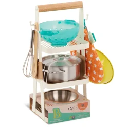 B.Toys Mini Chef - Pot-n-Pan Playset - zestaw realistycznych naczyń i przyborów kuchennych ze stojakiem