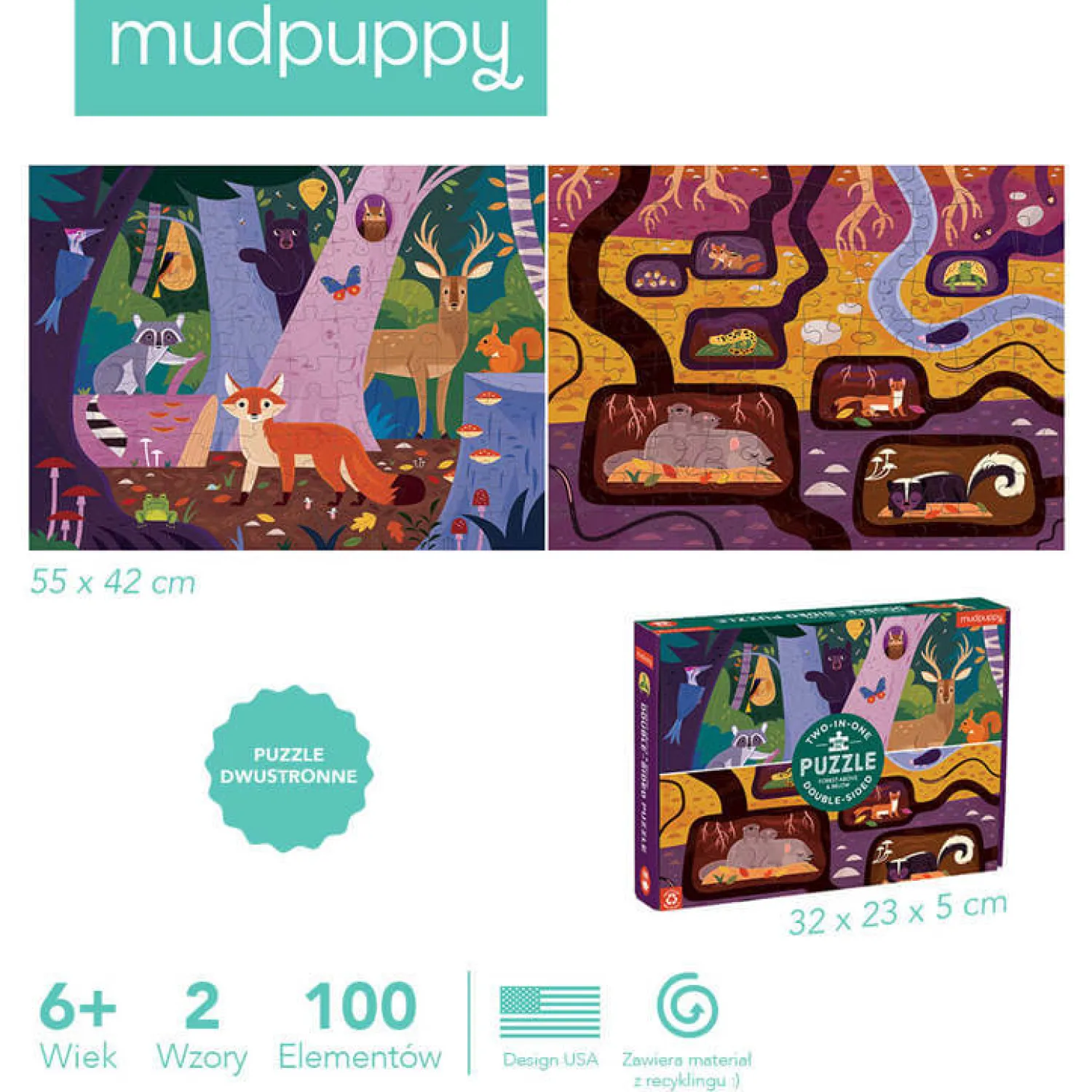 Mudpuppy Puzzle dwustronne Las nad i pod ziemią 100 elementów 6+