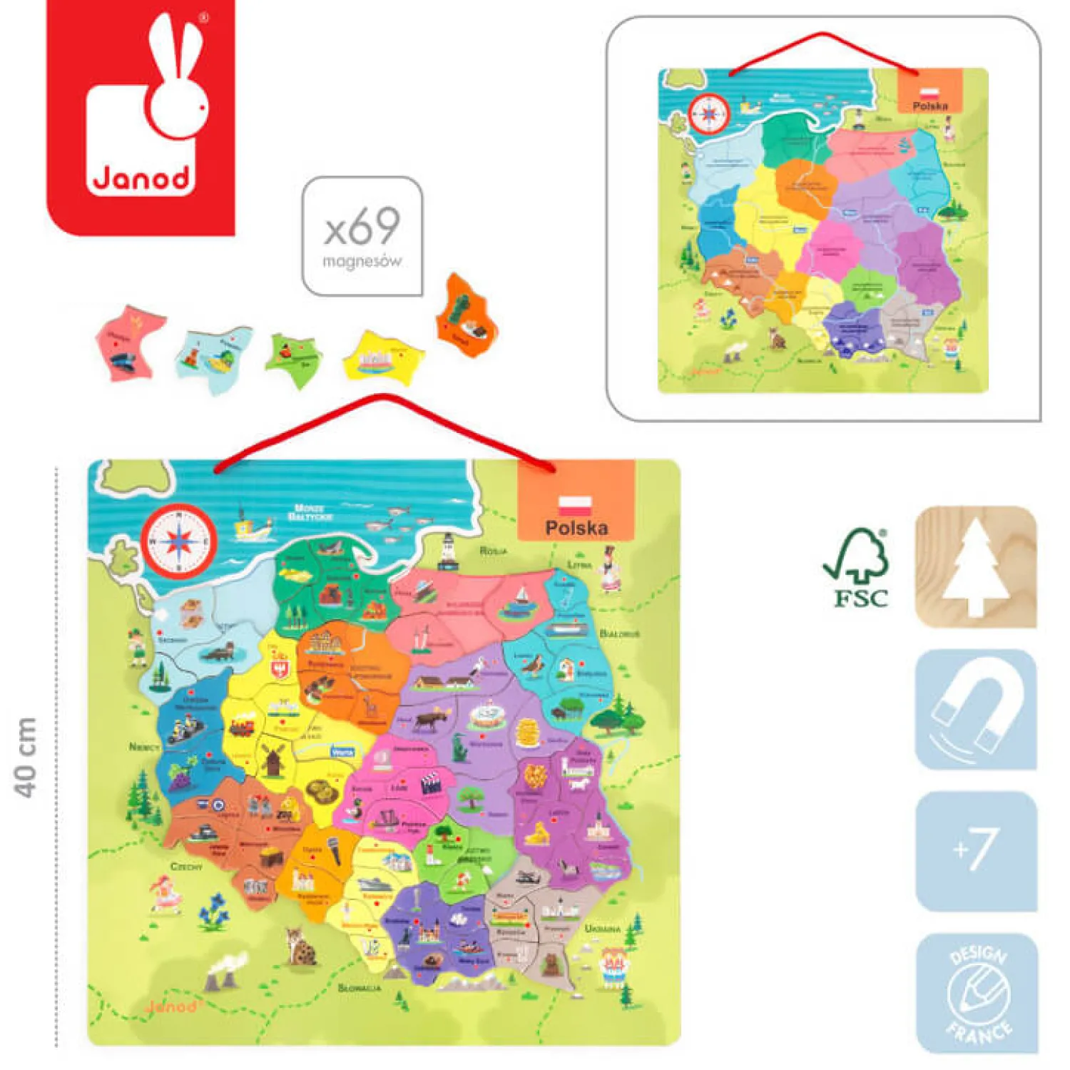 Janod Puzzle magnetyczne Mapa Polski 69 magnesów 7+