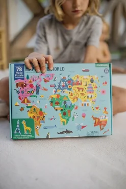 Mudpuppy Puzzle Mapa Świata z elementami w kształcie budynków i zwierząt 5+