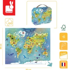 Janod Puzzle w walizce Mapa świata 100 elementów 6+