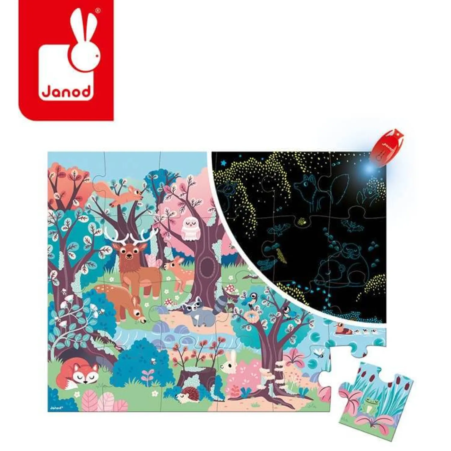 Janod Świecące puzzle z mini-lampką UV Las 24 elementy 3+