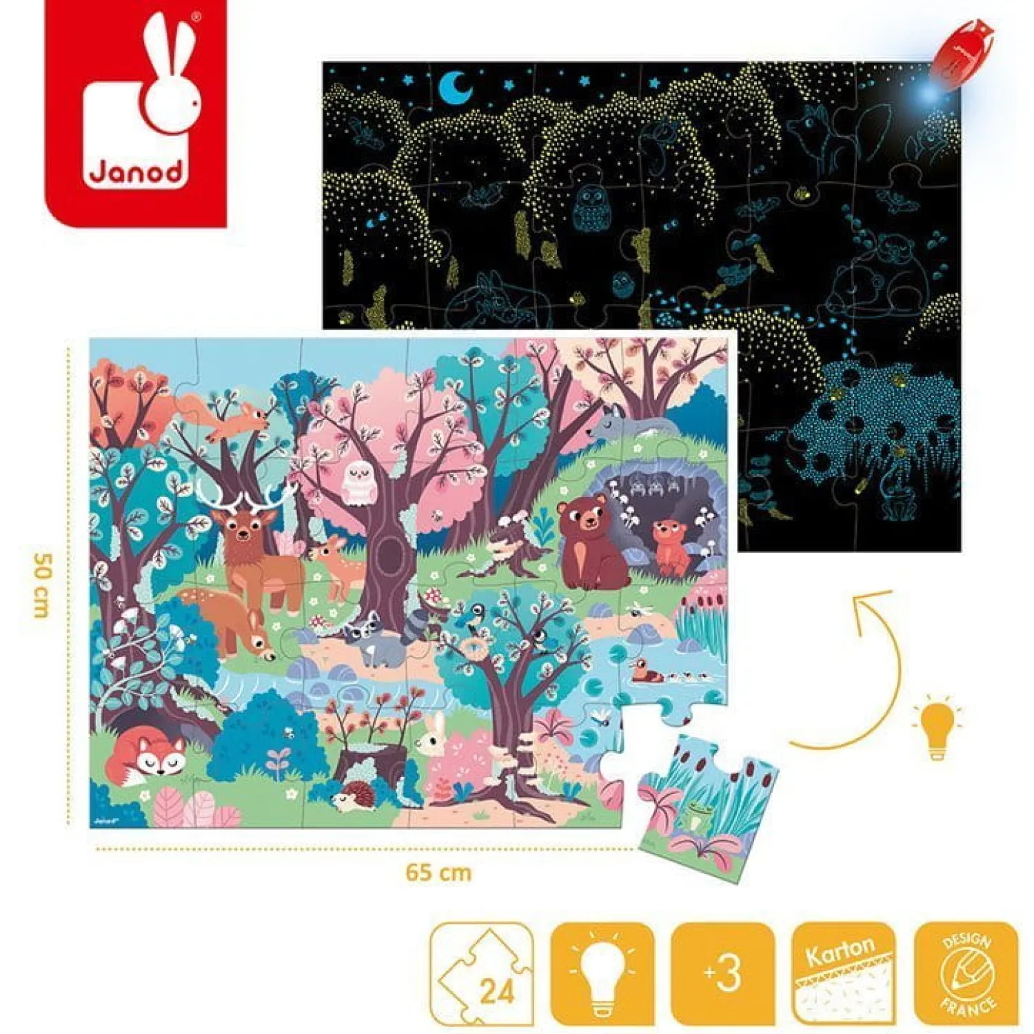 Janod Świecące puzzle z mini-lampką UV Las 24 elementy 3+