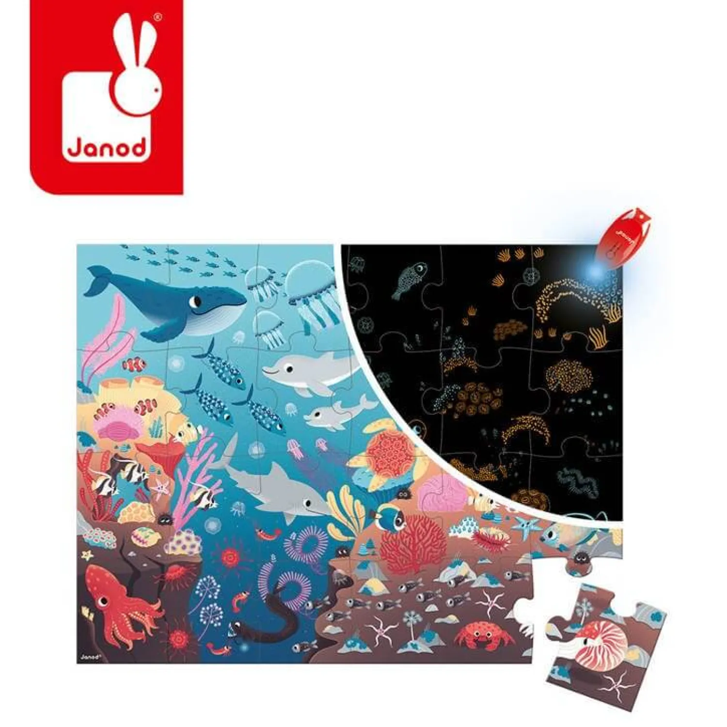 Janod Świecące puzzle z mini-lampką UV Ocean 24 elementy 3+