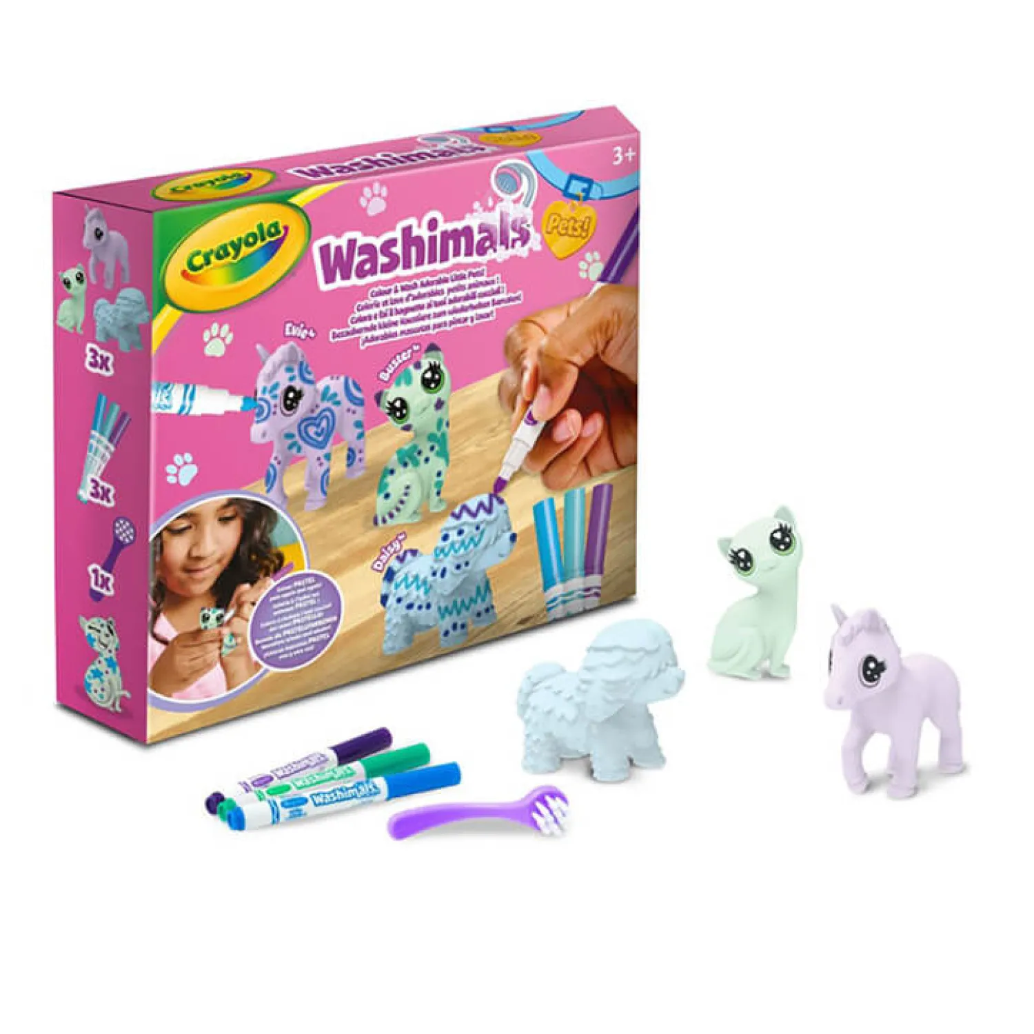 Crayola Zestaw 3 figurek do malowania i mycia Washimals, Pastel Pets 3+